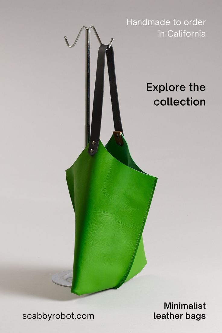 Minimalist leather shoulder bag in bright, smooth lime green leather. Handmade to order in California. Minimal Bag Design, Minimalist Leather Tote, Green Leather Bag, Simple Purse, Minimal Bags, Minimalist Tote Bag, Handmade Handbags, Classic Bags, Leather Bag Women