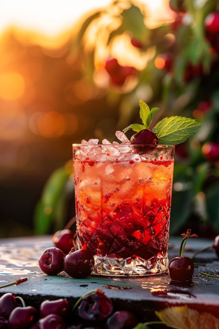 a close up of a drink on a table with cherries and leaves around it