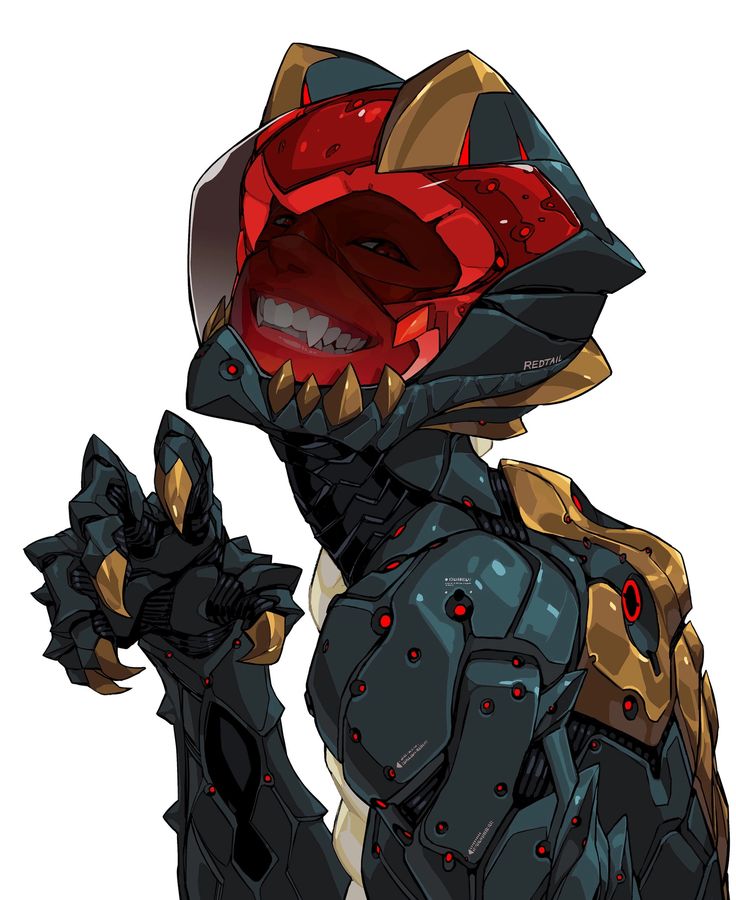 a drawing of a robot with red eyes and gold armor, holding a black object in his hand