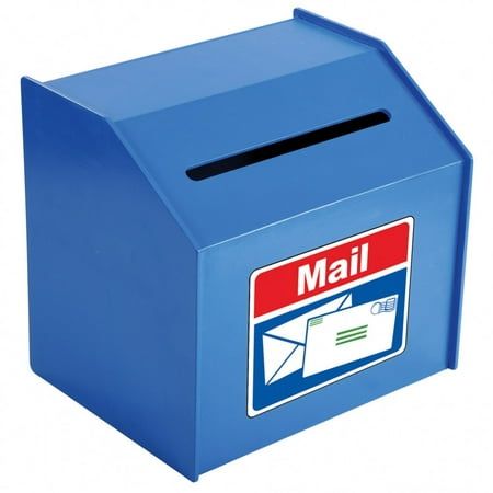 a blue mailbox with the word mail on it's front and bottom panel