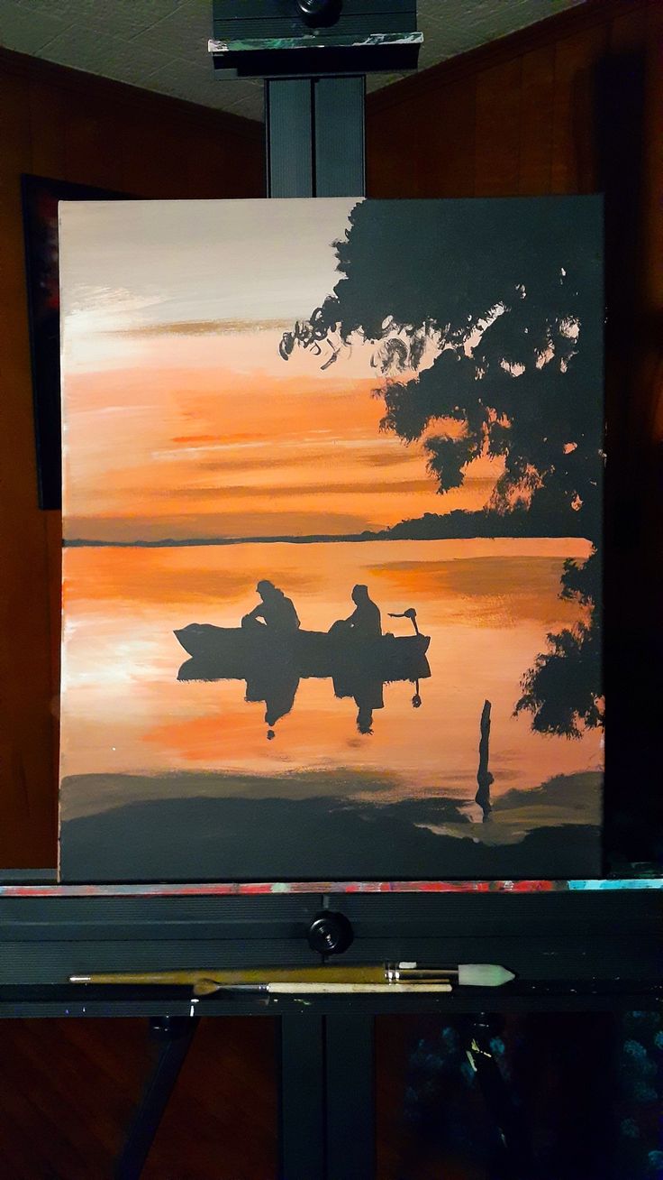 a painting of two people in a boat on a lake at sunset with the sun setting