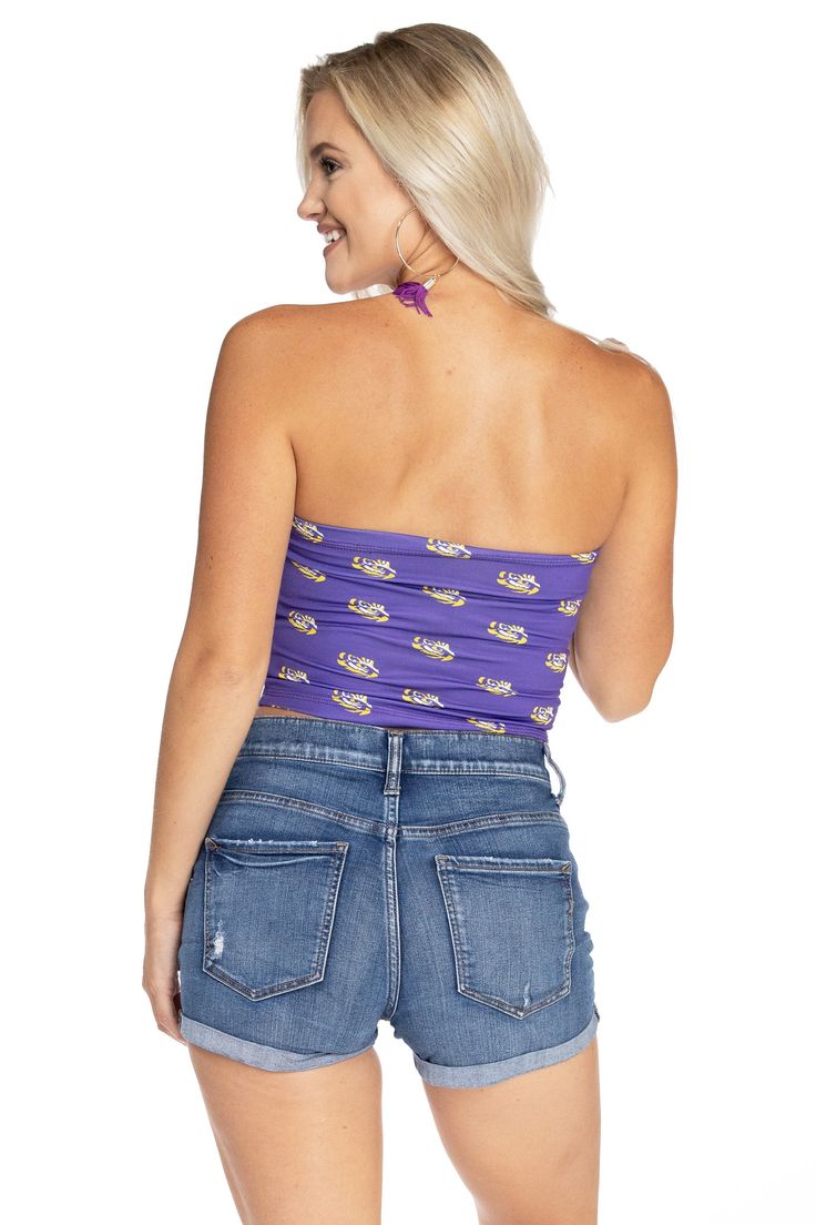 Show off on gameday in the most comfortable LSU Tigers tube top. 100% Polyester. Sublimated design. Made in the USA. Bandeau Sports Tops For Summer, Collegiate Sleeveless Tops For Cheerleading, Collegiate Sleeveless Tops For Game Day, Stretch Bandeau Sports Top, Stretch Bandeau Top For Sports, Collegiate Style Summer Fan Gear Tops, Sleeveless Sports Fan Tops For Game Day, Sports Fan Sleeveless Tops For Game Day, Fitted Sleeveless Top For Game Day