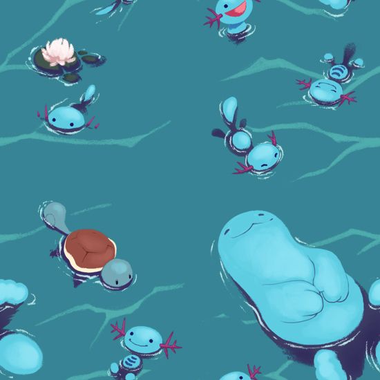 a group of cartoon animals floating in water next to each other on top of a blue surface