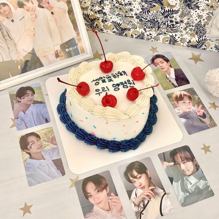 an image of a cake with cherries on it and photos around it that say happy birthday