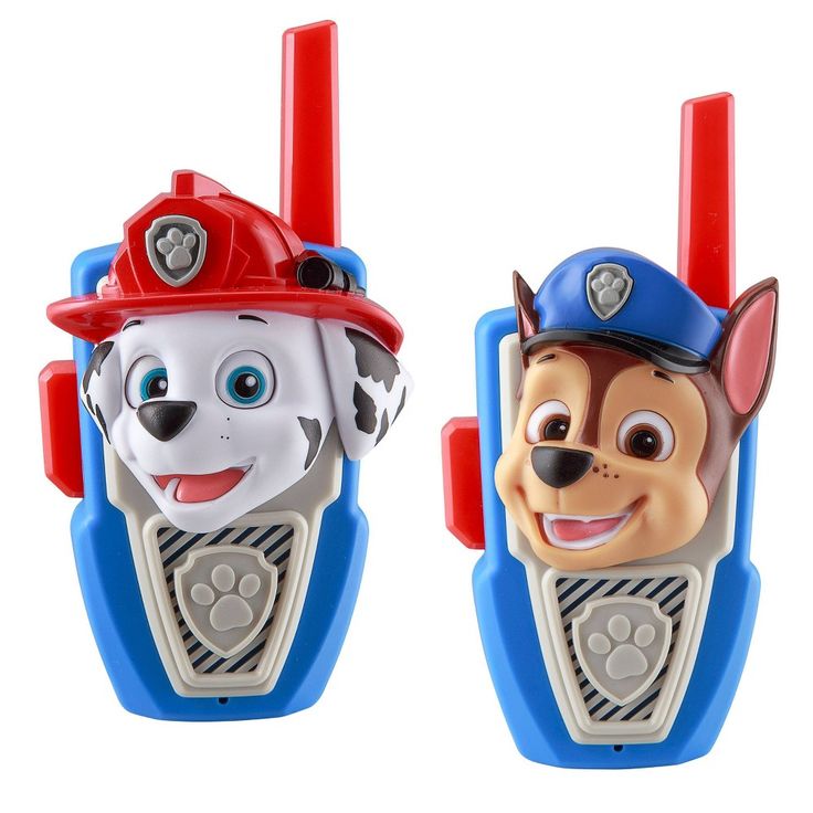 two children's walkie talkies with fireman and dog faces on them