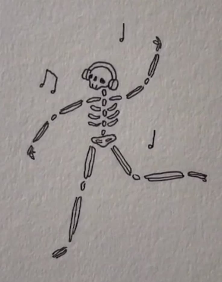 a drawing of a skeleton with musical notes