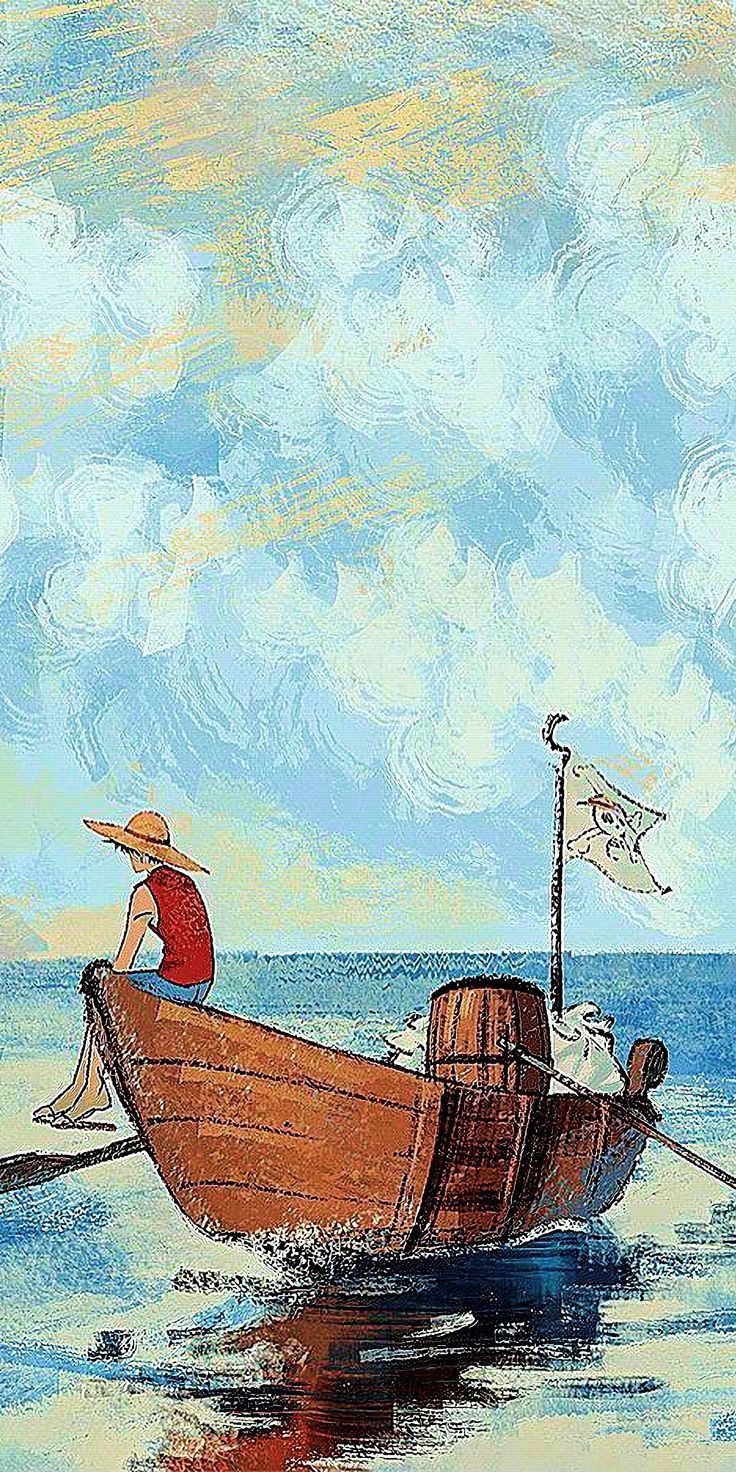 a painting of a man in a boat on the water with a flag flying above him