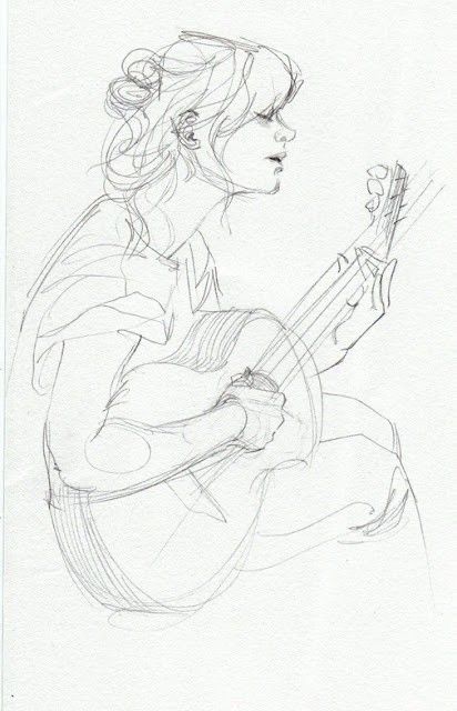 a pencil drawing of a girl playing the guitar with her eyes closed and hands on her hips