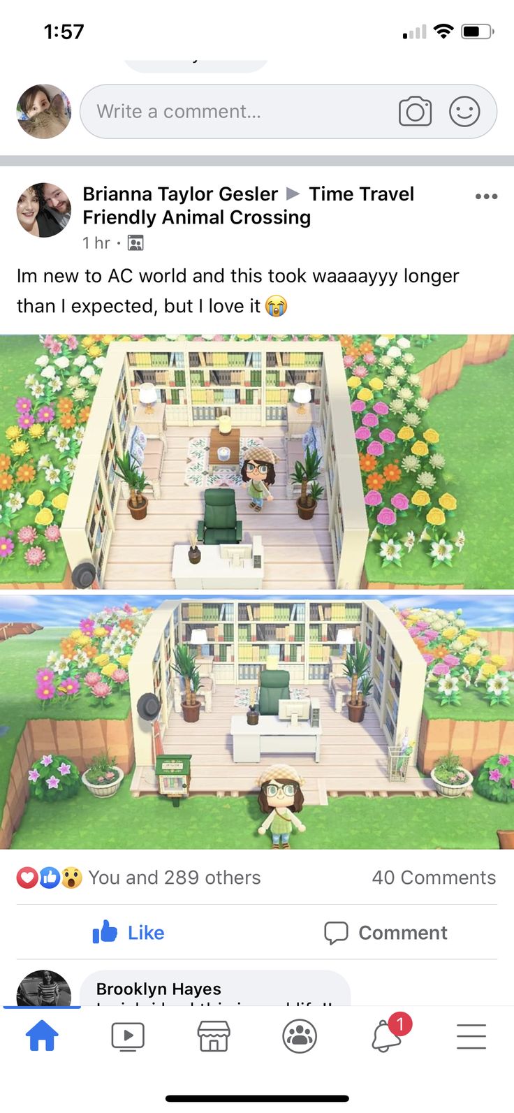 two screens showing the same room in an animal crossing game, and one shows what it looks like