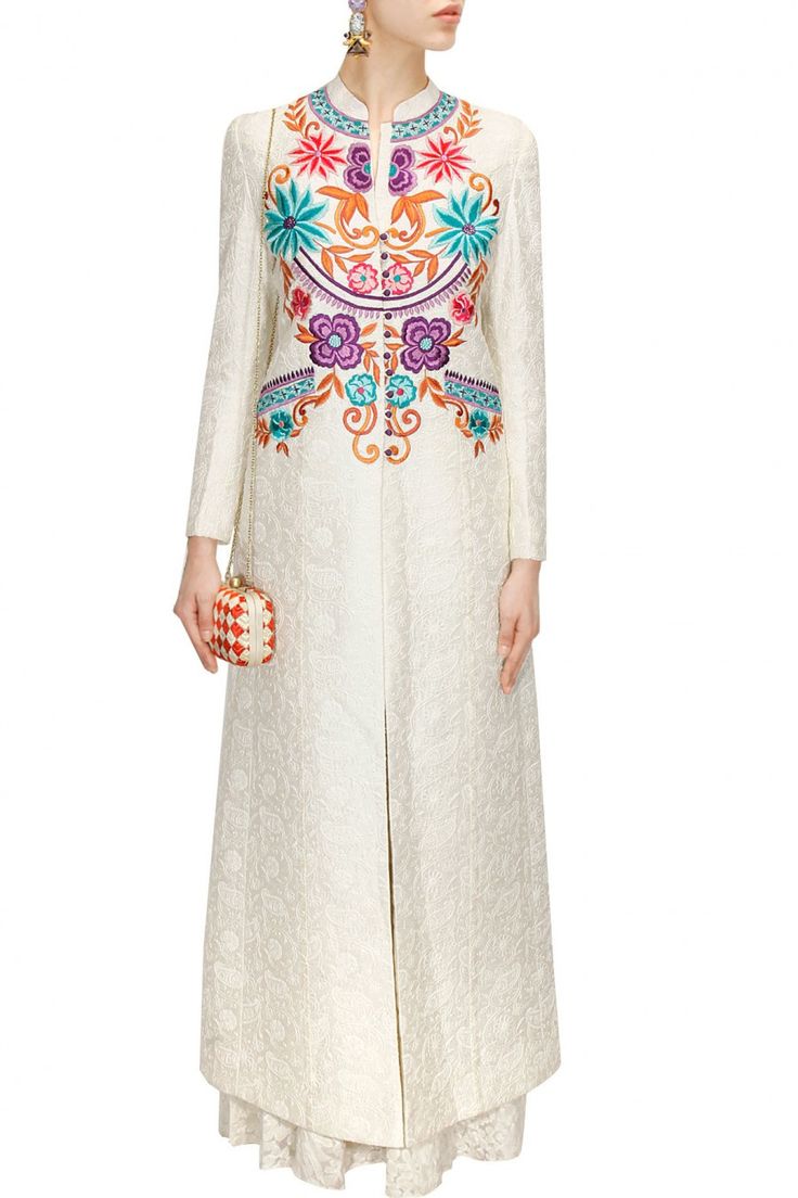 This plazzo suit is featuring in a white self embroidered jacket kurta in chanderi with multicolour floral work bodice. This plazzo suit comes along with white embroidered pants with floral waist band. Plazzo Set, Plazzo Suit, Dress India, Curated Outfit, Abaya Style, Floral Work, Salwar Kameez Online, Desi Clothes, Embroidered Pants