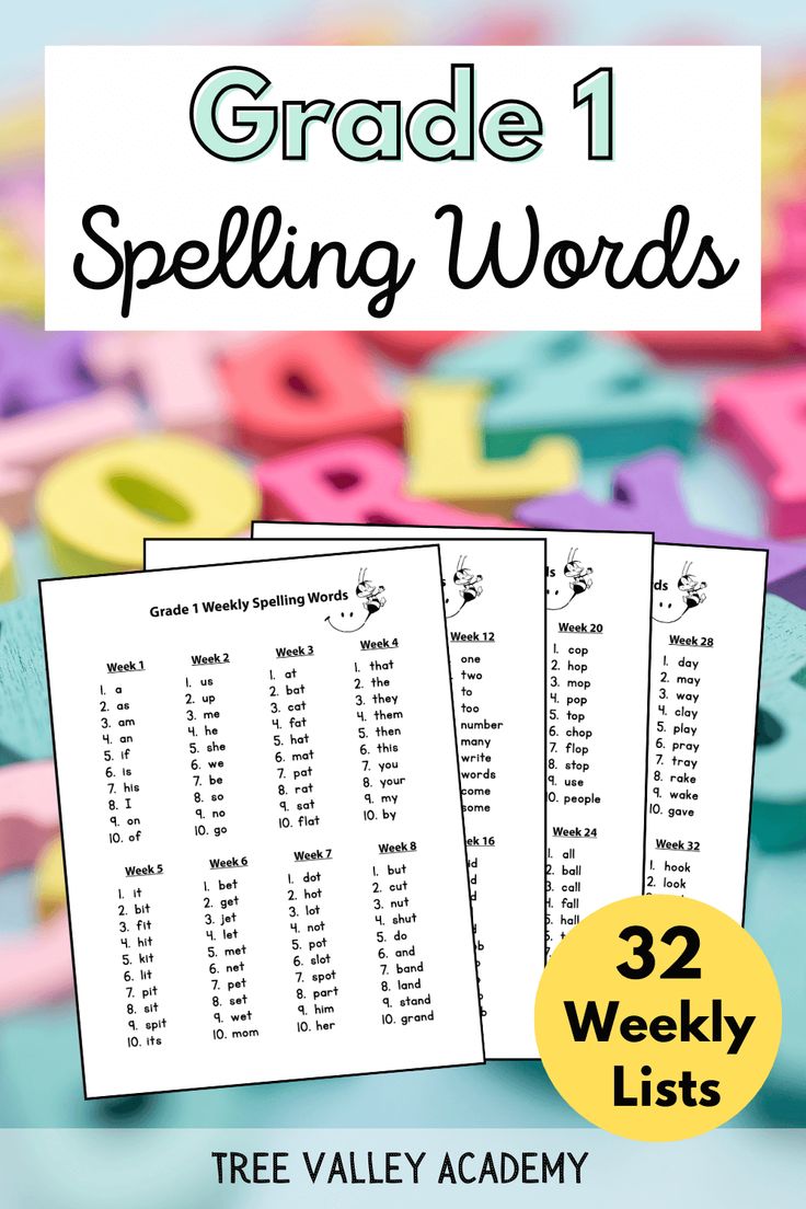 three spelling words with the text grade 1 spelling words in front of them and below it are