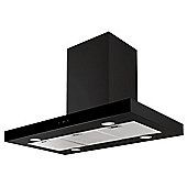 an image of a black stove hood on a white background with the lights turned on