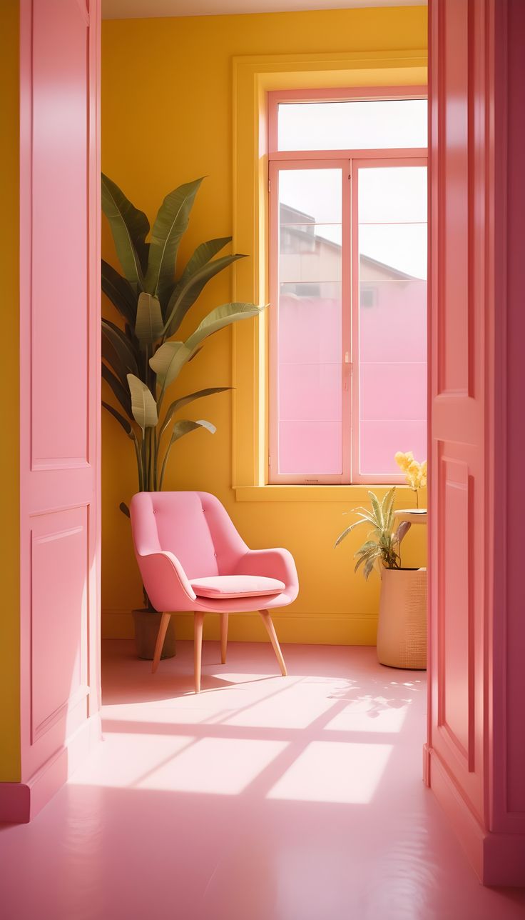 a pink chair sitting in front of a window next to a potted plant