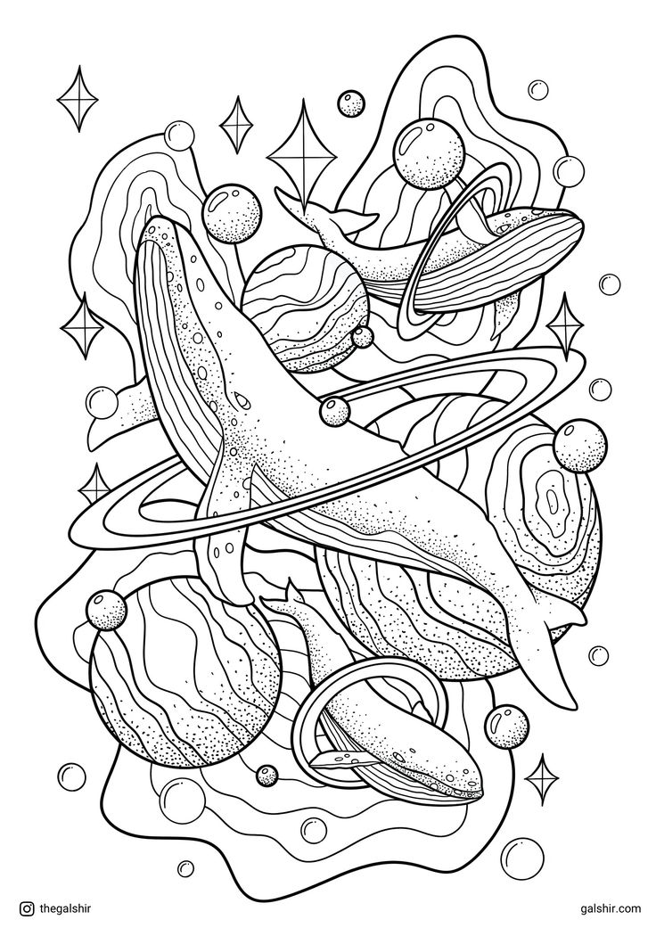 an illustration of a whale surrounded by planets and stars in black and white coloring book page