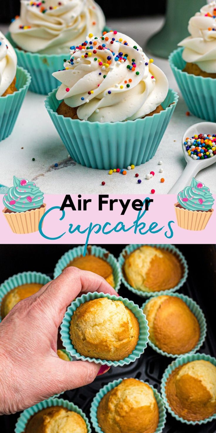 an air fryer cupcake with frosting and sprinkles