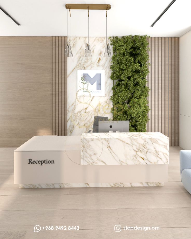 the reception desk is surrounded by greenery and modern furniture, as well as an office chair