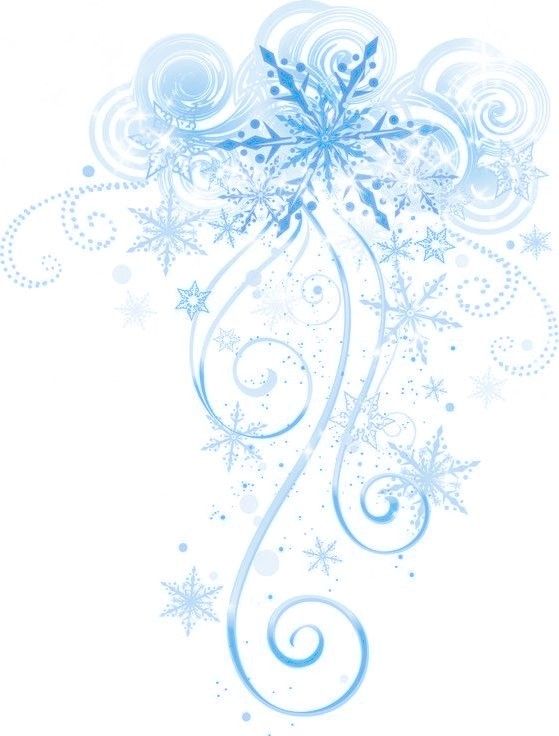 snowflakes and swirls on a white background with blue stars in the center