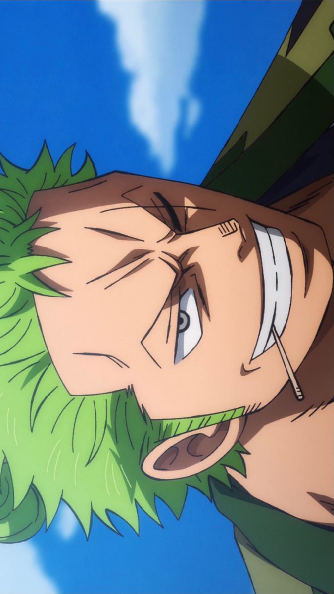 an anime character with green hair looking up at the sky in front of clouds and blue skies