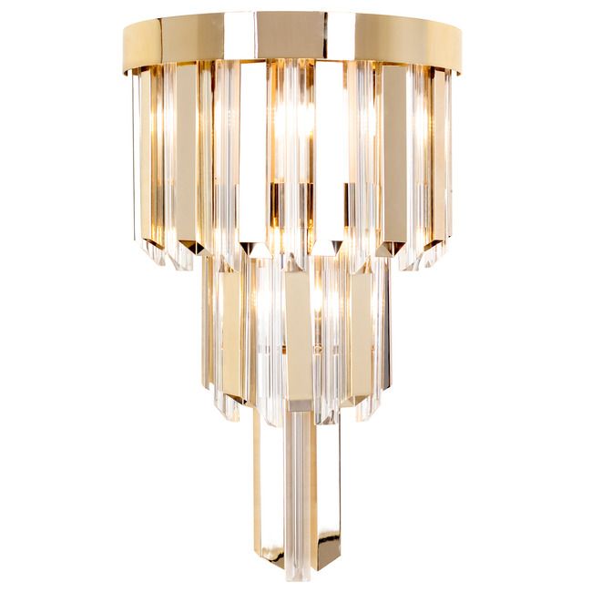 a modern chandelier with glass panels and gold trimmings on the sides