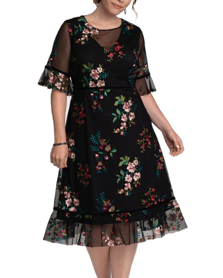 Plus Size Wildflower Embroidered Dress | BLUSH Formal Floral Applique Midi Dress, Elegant Formal Midi Dress With Floral Applique, Floral Embroidery Midi Dress For Evening, Elegant Dress With Embroidered Hem For Garden Party, Elegant Knee-length Midi Dress With Floral Applique, Elegant Knee-length Floral Applique Midi Dress, Fitted Midi Dress With Embroidered Hem, Formal Floral Embroidered Dresses, Elegant Floral Embroidered Dress For Garden Party