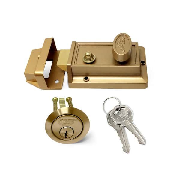 an image of a brass door lock and keys on a white background with clippings