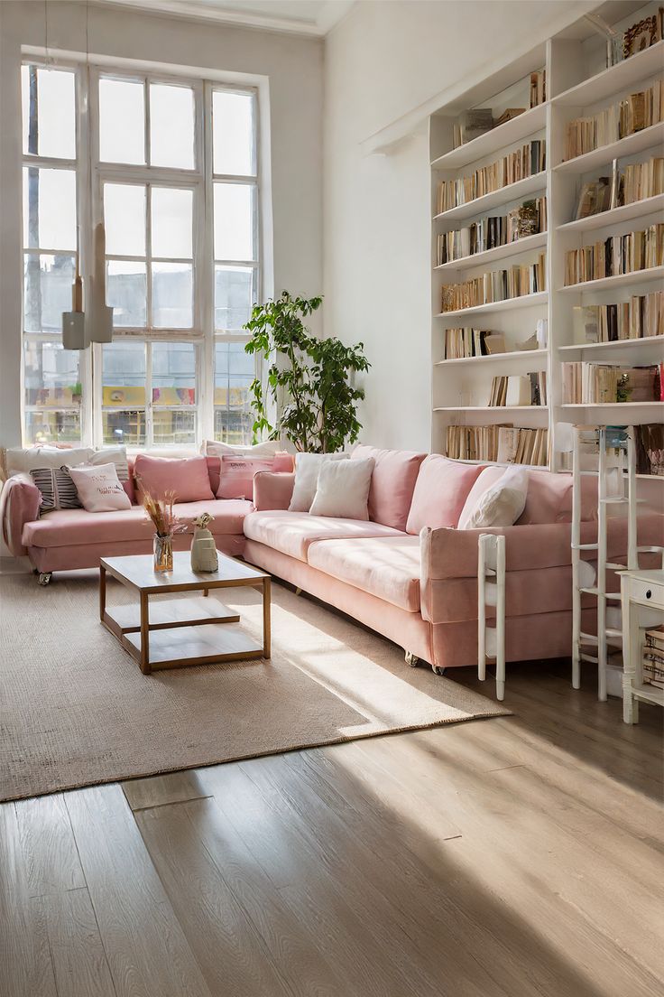 a living room with pink couches and bookshelves on the wall behind them