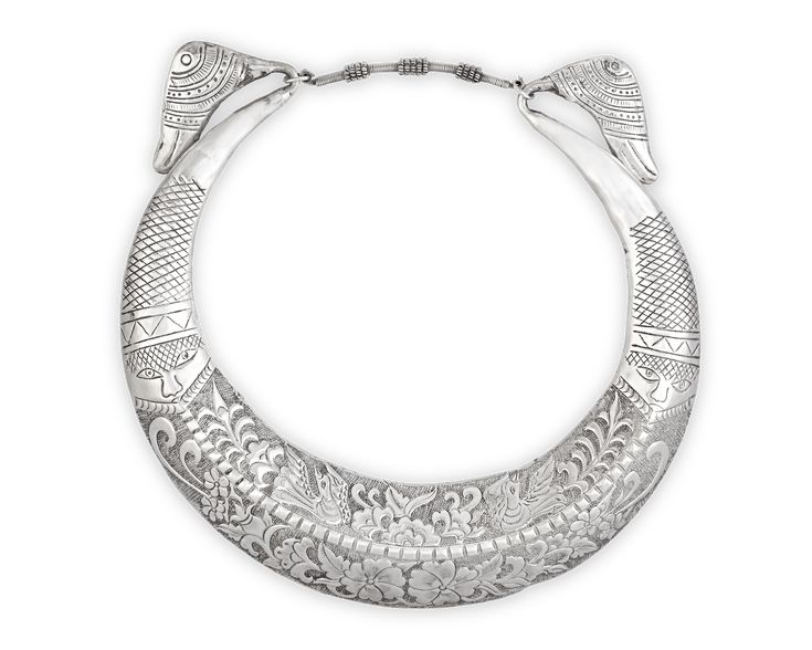 This silver collar necklace was crafted by the Miao peoples of southeast Asia. Hailing from China, Vietnam, Laos, Burma and Thailand, the Miao would have used this necklace for ceremonial purposes, including weddings. The decoration features a traditional floral and avian motif. Mid-20th century 10 3/8" wide x 10 142" high Miao Silver, Native American Indians, Exquisite Jewelry, Collar Necklace, Antique Collection, Southeast Asia, Laos, M S, Silver Necklaces