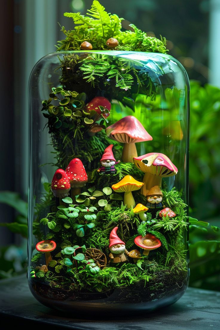 a glass jar filled with plants and mushrooms