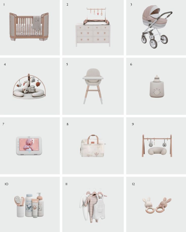 the baby's nursery items are arranged in rows