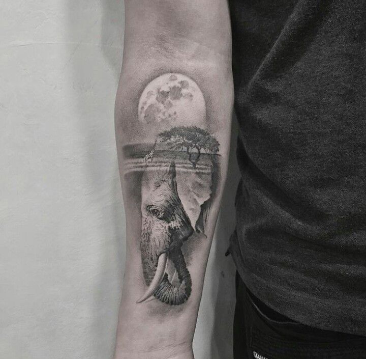 an elephant and tree tattoo on the left arm with moon behind it, in front of a white wall