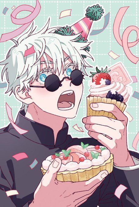 an anime character holding a cupcake in his hand