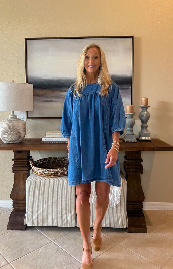 DESCRIPTION Denim mini dress featuring round neck, 3/4 sleeves, and side pockets. Button closure at back. Unlined. Non-sheer. 100% cotton. SIZING INFO S/2-4 M/6-8 L/10-12 Casual Dresses With 3/4 Sleeves For Day Out, Casual Shift Dress With 3/4 Sleeves, Casual Dress With 3/4 Sleeves For Day Out, Casual Half Sleeve Mini Dress For Brunch, Long Sleeve Dark Wash Mini Dress For Summer, Half Sleeve Cotton Dress For Day Out, Casual Half Sleeve Mini Dress For Day Out, Medium Wash Daywear Dresses, Medium Wash Washed Dresses For Daywear