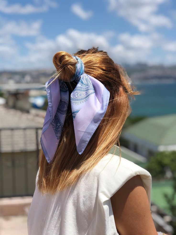 Trendy Blue Scarves For Summer, Blue Silk Scarf As Gift, Trendy Blue Scarf For The Beach, Summer Purple Silk Scarf, Blue Silk Casual Scarves, Blue Silk Casual Scarf, Casual Blue Headscarf For Beach, Casual Blue Silk Scarves, Casual Blue Headscarf For The Beach