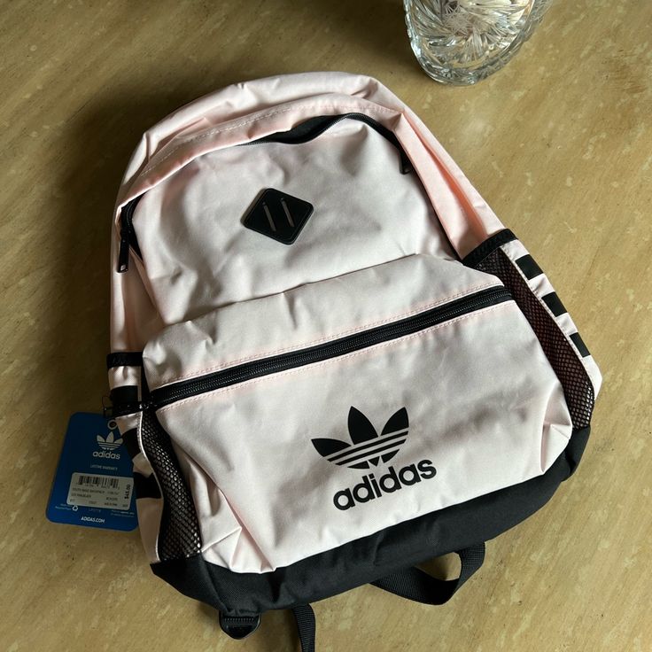 Adidas Backpack Light Pink And Black One Zipper Pocket Is Padded All Around For Laptop/Ipad/Tablet Bnwt Adidas School Bags, Adidas Backpack Aesthetic, Backpack Adidas, Adidas Bag, Mochila Nike, Small Backpacks, Rose Adidas, Stylish School Bags, Backpack Essentials