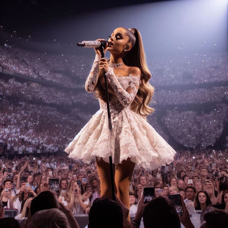 a woman standing on top of a stage holding a microphone in front of a crowd