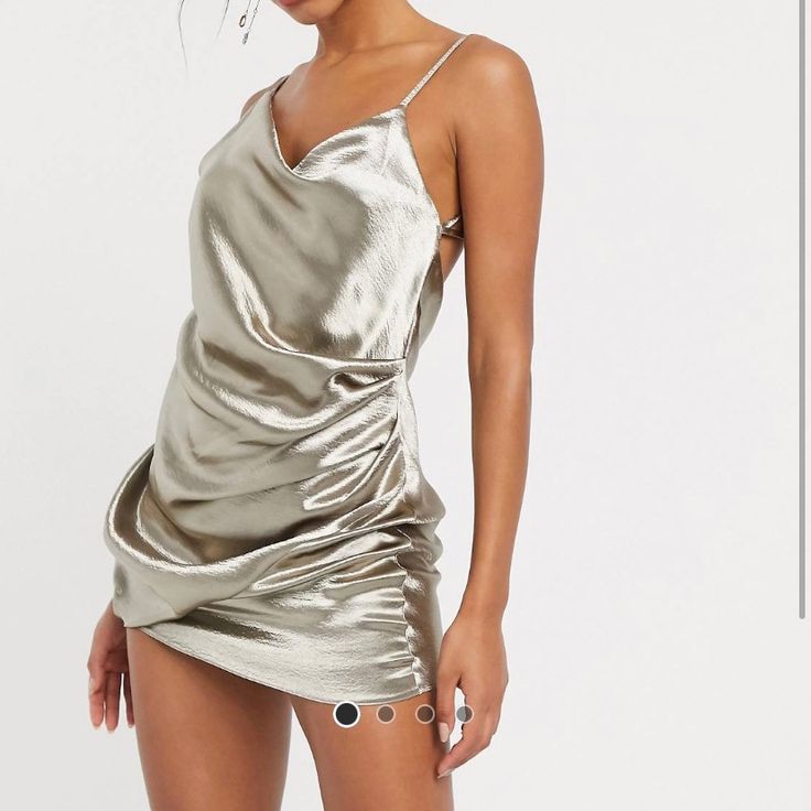 This Satin Gold Dress Is So Cute (And Out Of Stock) - I Just Dont Have Any Upcoming Events To Wear It To. I’d Say Perfect For A College Formal Or Cocktail Event. Never Worn! High Neck Prom Dress, Slip Mini Dress, Prom Designs, Maxi Dress Prom, Asos Dress, Satin Maxi Dress, Mini Cocktail Dress, Midi Dress With Sleeves, Knit Mini Dress