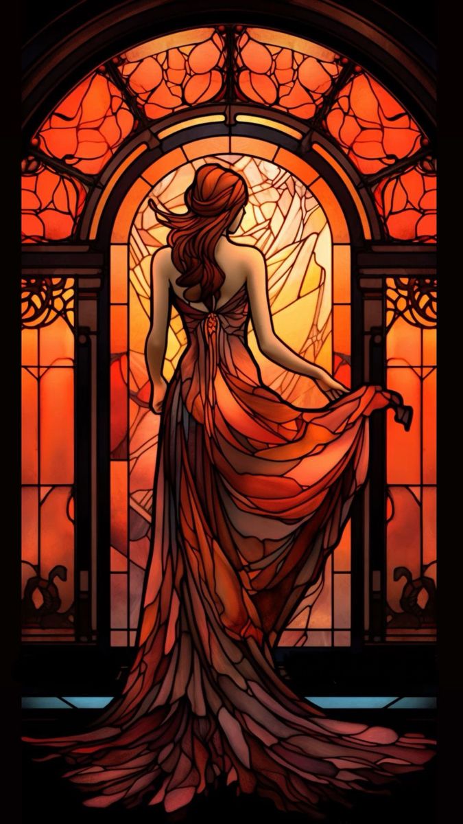 a woman standing in front of a stained glass window