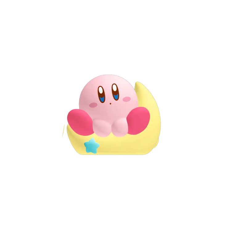 a pink and yellow toy sitting on top of a white surface next to a blue star