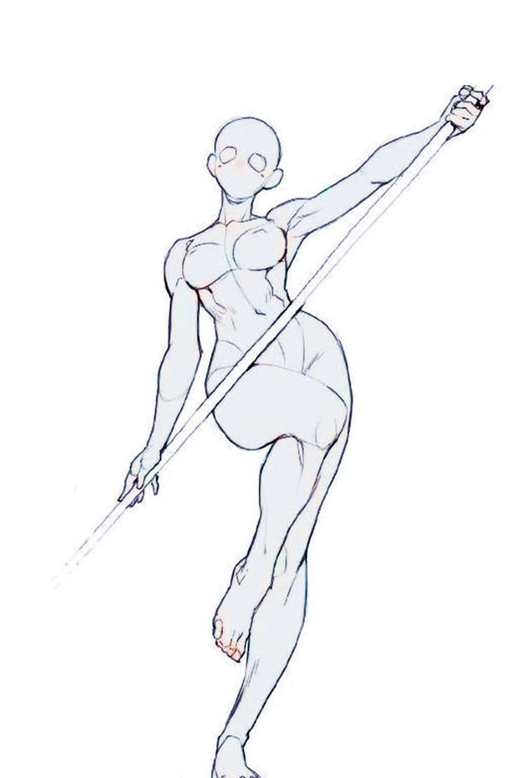 a drawing of a female figure holding a pole with one hand and the other arm extended