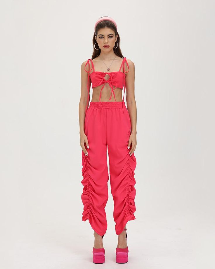 Model (WearingXS):• Height: 171cm | Bust: 83cm | Waist: 59cm | Hips: 89cmDetails: Long pants with ruched ankle designBottom Length: LongMaterials:95% Polyester + 5% Spandex Summer Parachute Pants With Drawstring, Spring Bottoms With Gathered High Waist, Spring High Waist Bottoms With Gathered Waist, High Waist Bottoms With Gathered Waist For Spring, Fitted Bottoms With Gathered Waist For Spring, Summer Straight Parachute Pants With Drawstring, Summer Parachute Straight Pants With Drawstring, Spring Wide Leg Pants With Gathered Waist, Spring Ankle-length Parachute Pants With Drawstring