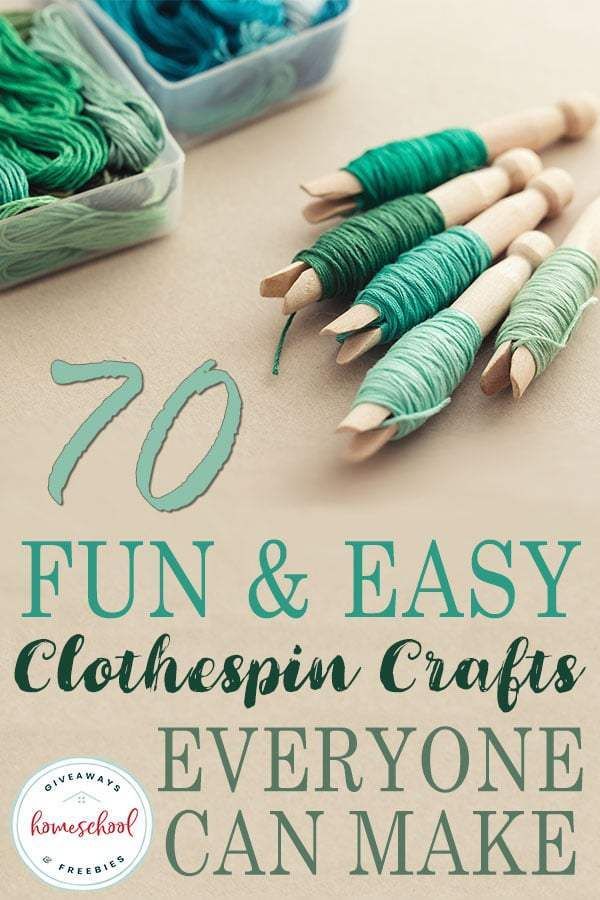 some green and white crochet yarns on a table with text overlay that reads, 70 fun & easy clothespin crafts everyone can make