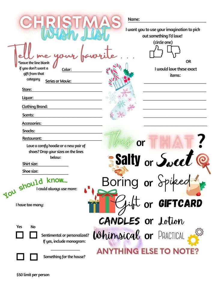 a christmas wish list for someone to write in their own writing form, with the words on