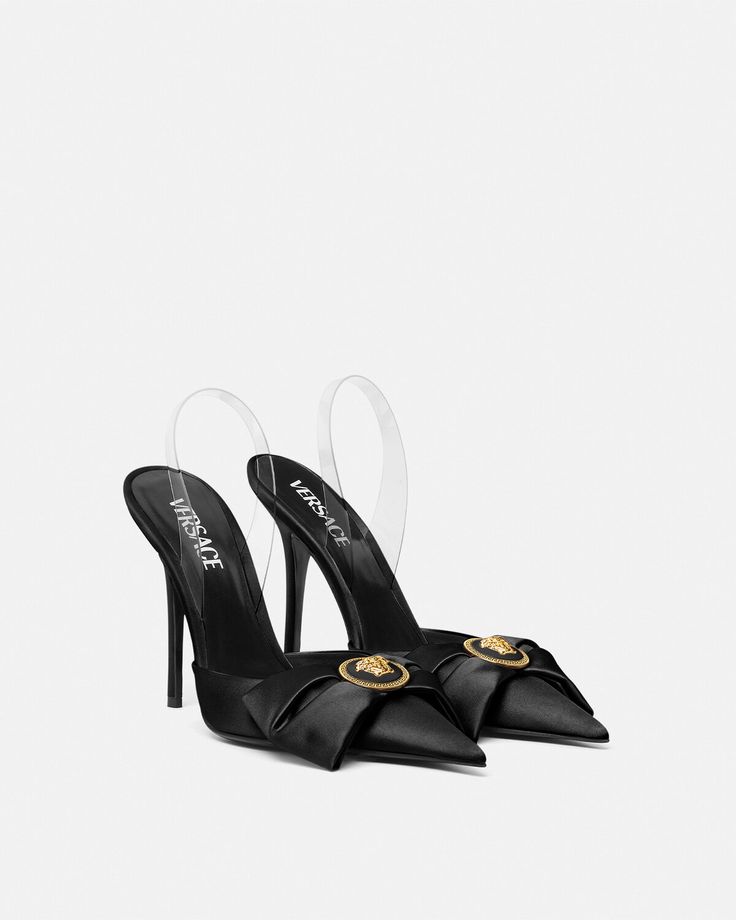 Alia Satin Slingback Pumps 110 mm Black,Gold | VERSACE US Heels Versace, Versace Pumps, Versace Heels, Versace Shoes, Chanel Inspired, Designer Pumps, Boot Jewelry, Versace Bags, Fancy Shoes