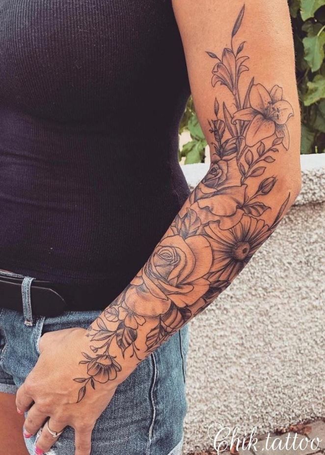 Flower Tattoo Arm Birth Month Half Sleeves, Lower Arm Flower Sleeve, Flowers Arm Sleeve Tattoo, Half Sleeve Flowers For Women, Sleeve Tattoos For Women Butterflies And Flowers, Birth Flower Tattoos Arm Sleeve, Birth Flower Tattoos Sleeve, Floral Arm Sleeves, Boho Half Sleeve Tattoos For Women