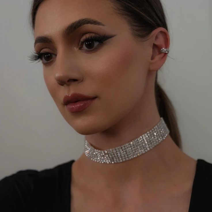 Reina Rhinestone Choker - 4 Sizes – The Songbird Collection Adjustable Rhinestone Alloy Choker Necklace, Party Alloy Rhinestone Choker Necklace, Silver Diamond Rhinestone Choker, Formal Metal Rhinestone Choker, Rhinestone Alloy Choker, Rhinestone Choker, Pretty Necklaces, Layered Necklaces, Crystal Necklace