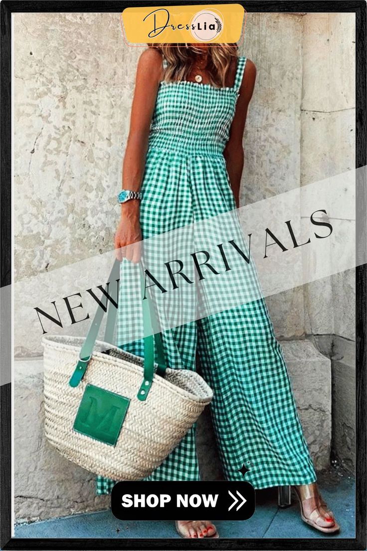 Plaid Smocked Wide Leg Jumpsuit Spring Beach Ruched Jumpsuits And Rompers, Casual Summer Jumpsuits And Rompers With Smocked Back, Summer Sleeveless Jumpsuits And Rompers With Smocked Back, Casual Jumpsuits And Rompers With Smocked Back For Vacation, Overall Jumpsuits And Rompers With Smocked Back For Vacation, Chic Green Smocked Top For Summer, Green Smocked Back Top For Vacation, Overall Jumpsuit With Smocked Back For Vacation, Casual Green Smocked Top For Beach