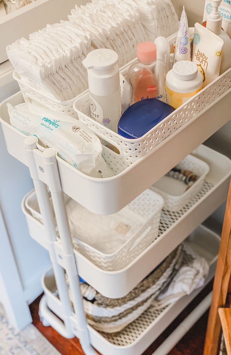 an organized bathroom shelf filled with personal care items