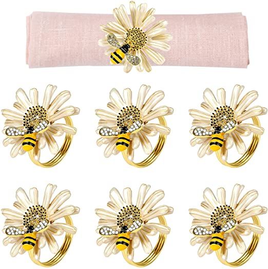 six gold tone bee and flower napkin rings with matching napkin holder, set of 6