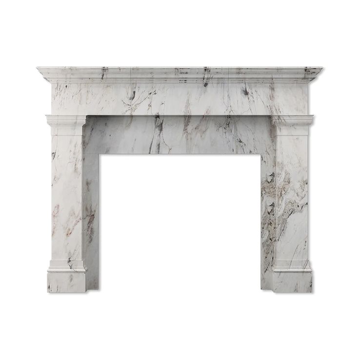 a white marble fireplace mantel with columns