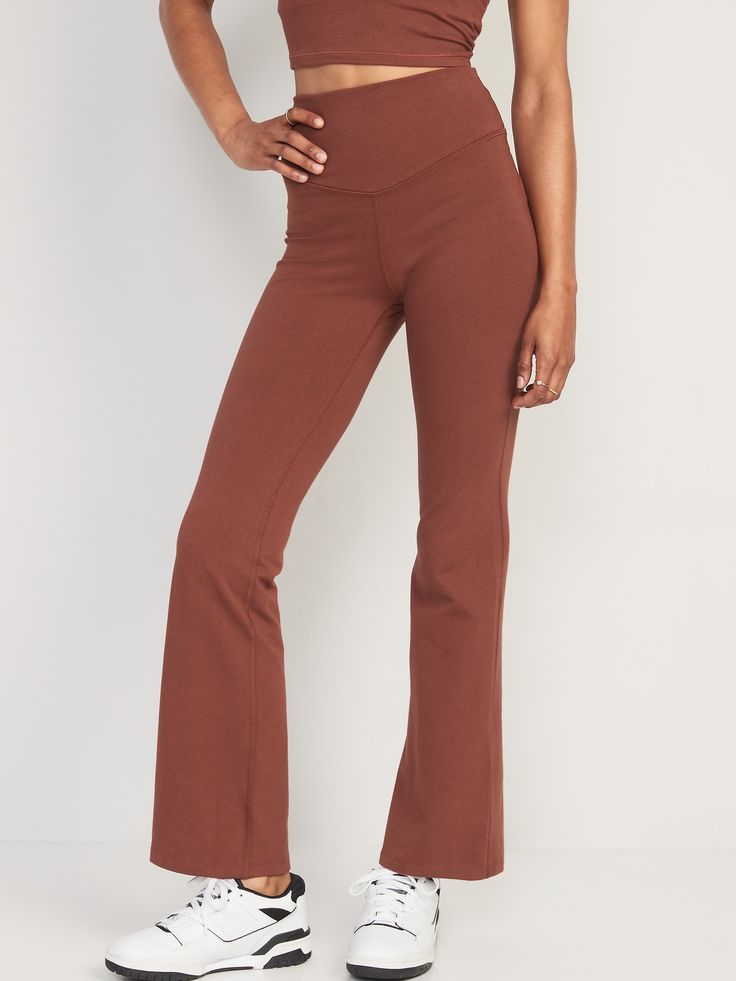 New name, same great performance! Our Boot-Cut pants are now called Flare.  Be poised with every pose in our PowerChill pants, the perfect balance between om and OMG-softness Extra high-rise waistband, with interior pocket that fits your phone.  Old Casual Full-length Leggings With Contoured Waistband, Brown Stretch Athleisure Bottoms, Brown Athleisure Bottoms For Workout, Casual Brown Bottoms With Comfort Waistband, Brown Sporty Workout Pants, Sporty Brown Workout Pants, Brown High Waist Sports Bottoms, Solid Cotton Bottoms With Waistband, Comfortable Solid Color Yoga Bottoms